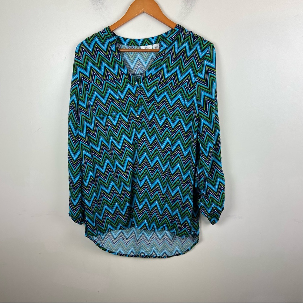 Cato Green Blue Tribal Abstract Summer Popover‎ Top Blouse Tunic Hi-Lo Medium